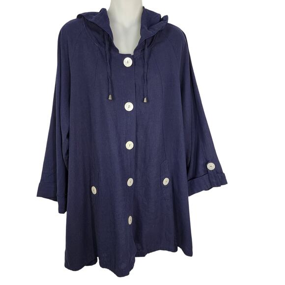 JNY Jones New York Jacket Womens 2X Blue Hooded Linen Blend Button Front Shacket - Picture 1 of 9